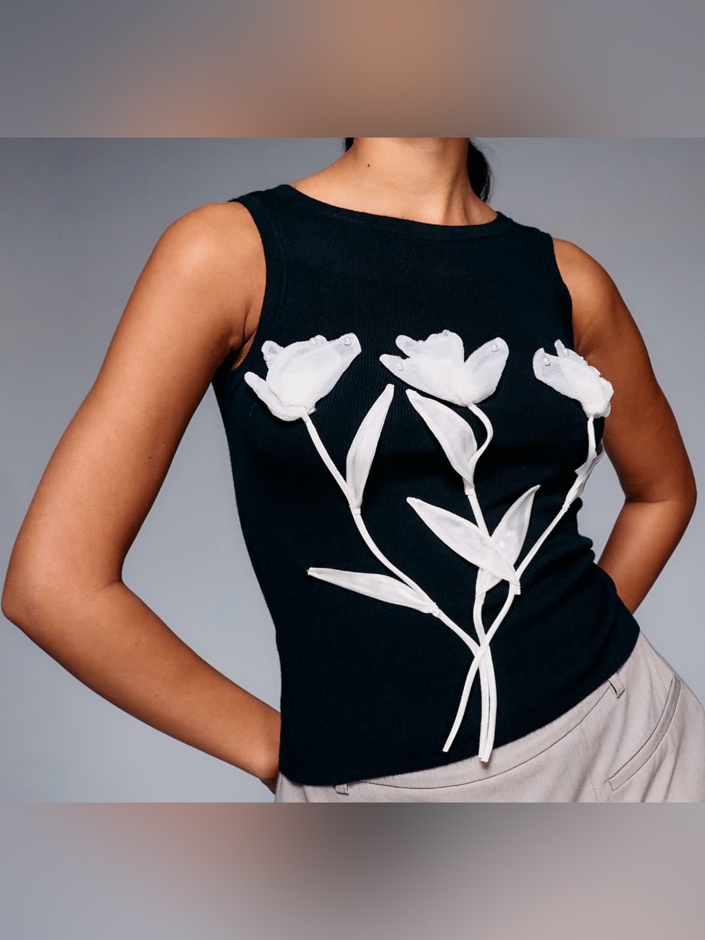 River Island Black Tank Top with White Floral Appliqué